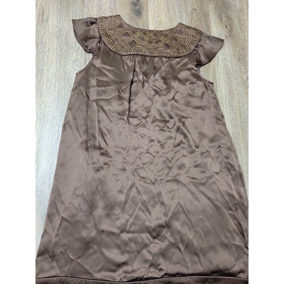 Christine Celle Calypso Women XS Brown Gold Thread Mini 100% Silk Dress Pocket - Picture 6 of 7